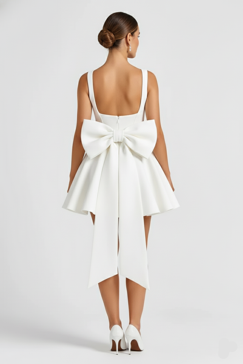 Women’s Flared Mini Dress – Elegant Cocktail Dress with Statement Bow Back