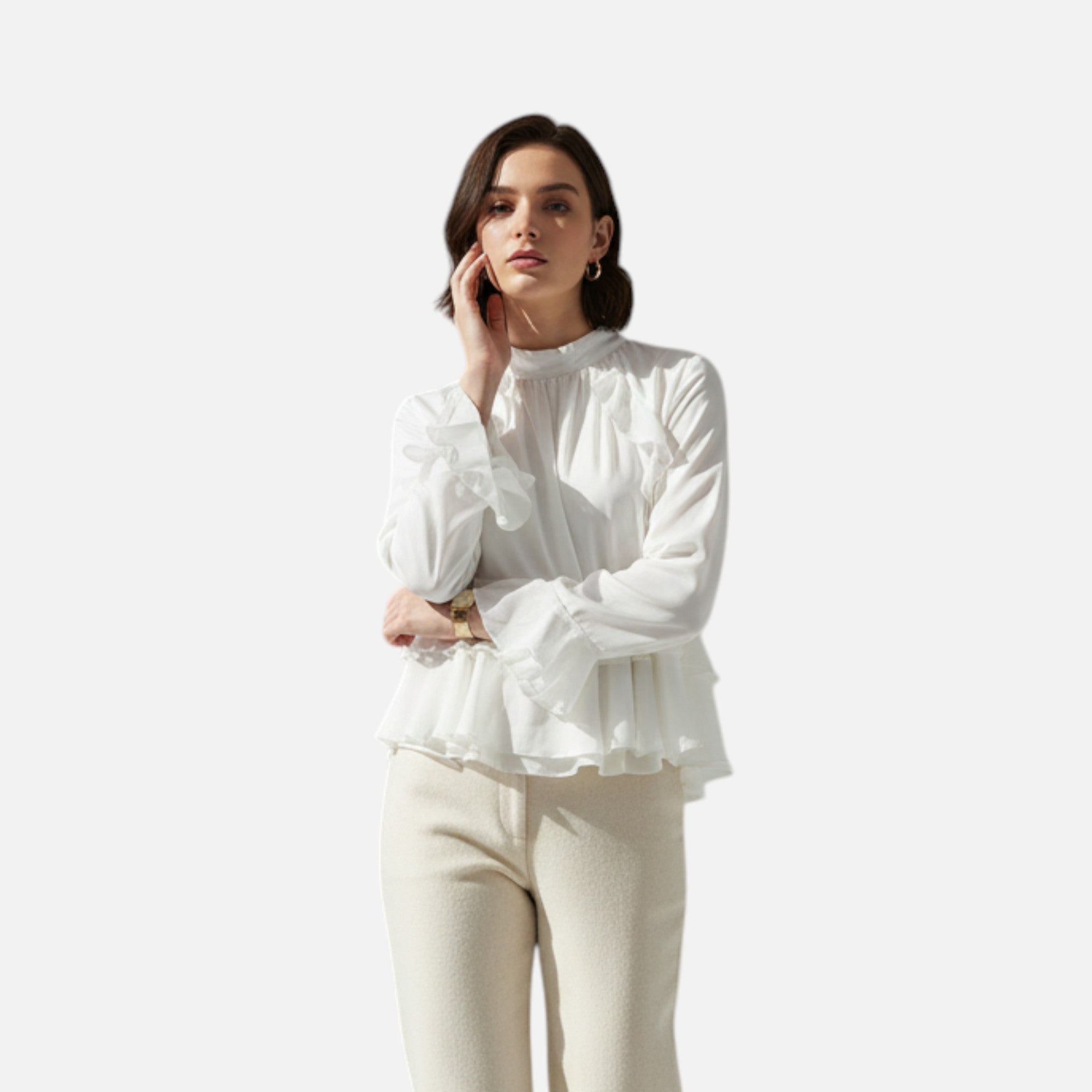 Women’s Elegant Ruffled Blouse with High Neckline and Soft Flowing Silhouette
