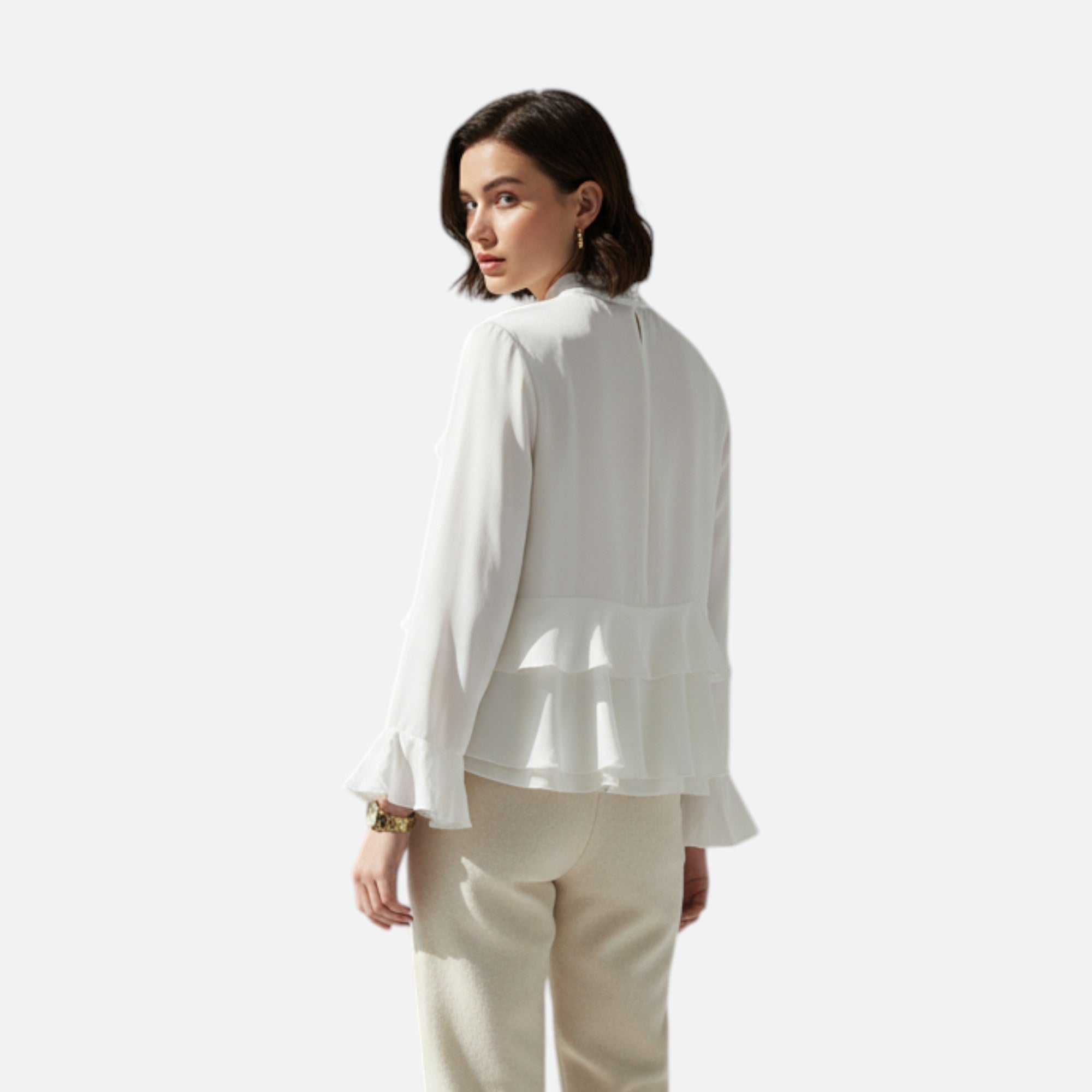 Women’s Elegant Ruffled Blouse with High Neckline and Soft Flowing Silhouette