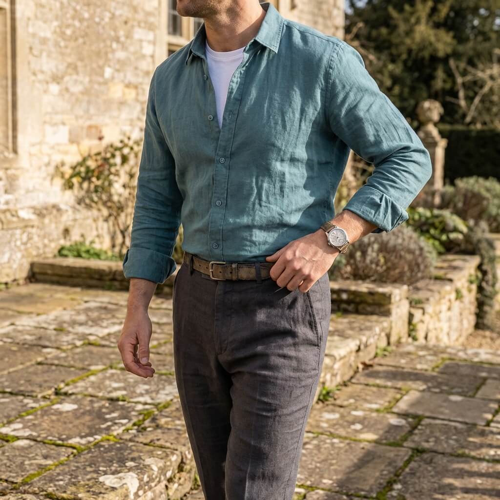 Chemise à boutons à col écarté en lin à manches longues pour hommes