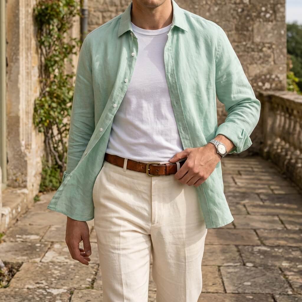 Chemise à boutons à col écarté en lin à manches longues pour hommes