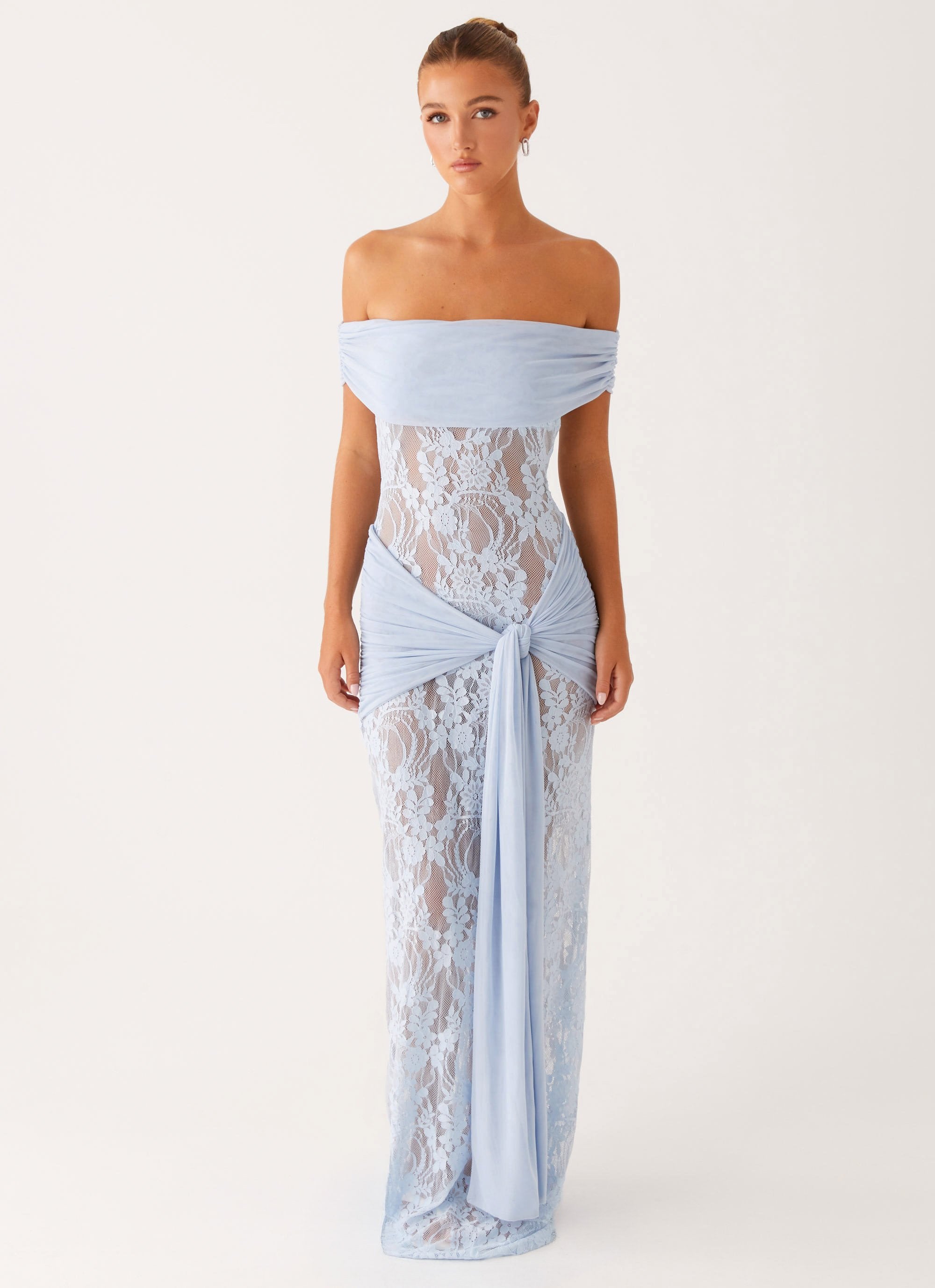Robe maxi en dentelle à épaules dénudées avec taille à nouer pour femmes