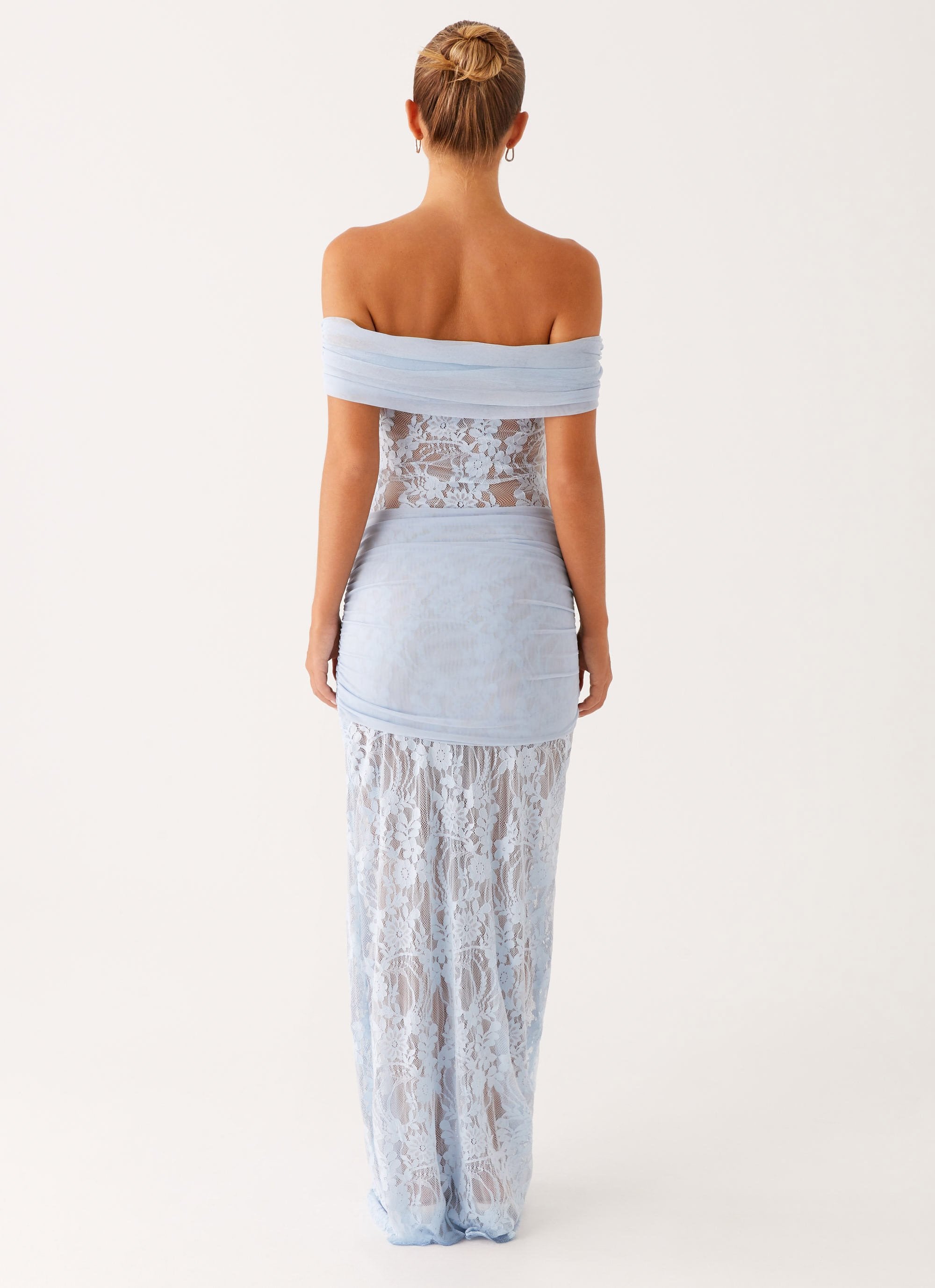 Robe maxi en dentelle à épaules dénudées avec taille à nouer pour femmes