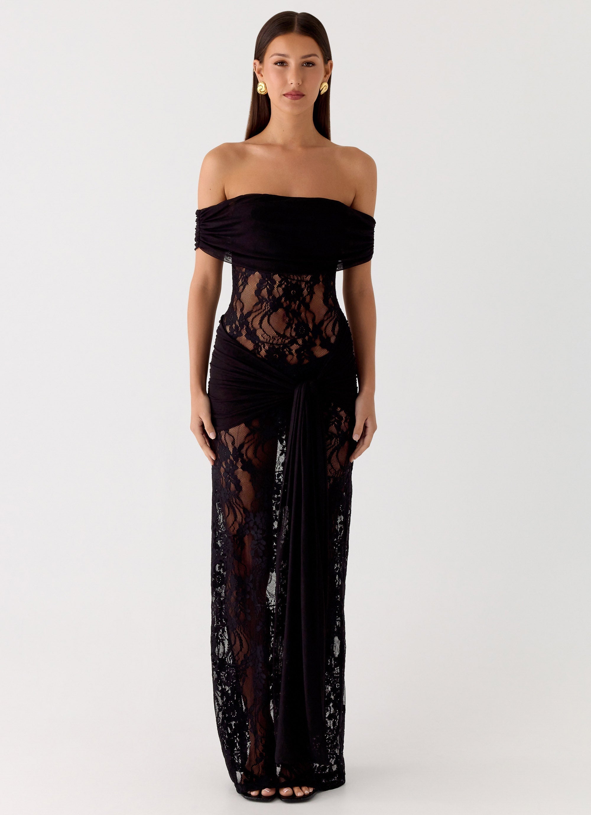 Robe maxi en dentelle à épaules dénudées avec taille à nouer pour femmes