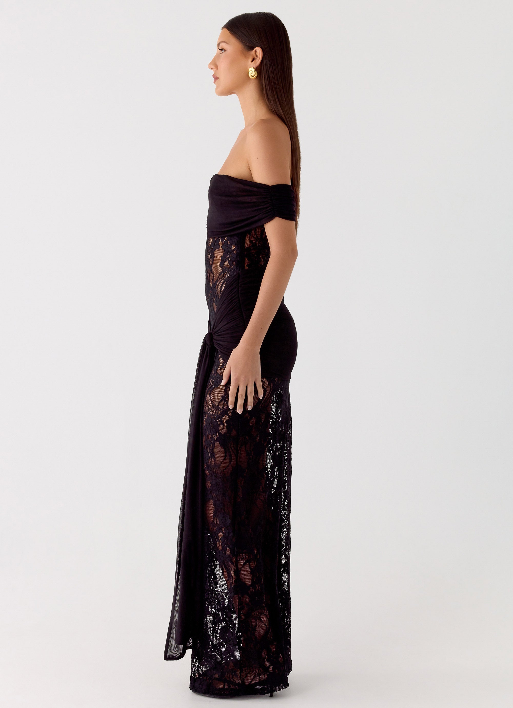 Robe maxi en dentelle à épaules dénudées avec taille à nouer pour femmes
