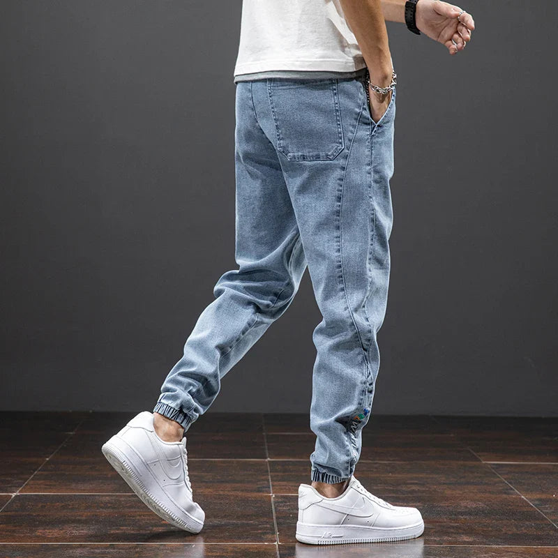 Men’s Denim Jogger Pants with Elastic Waistband and Cuffed Hem