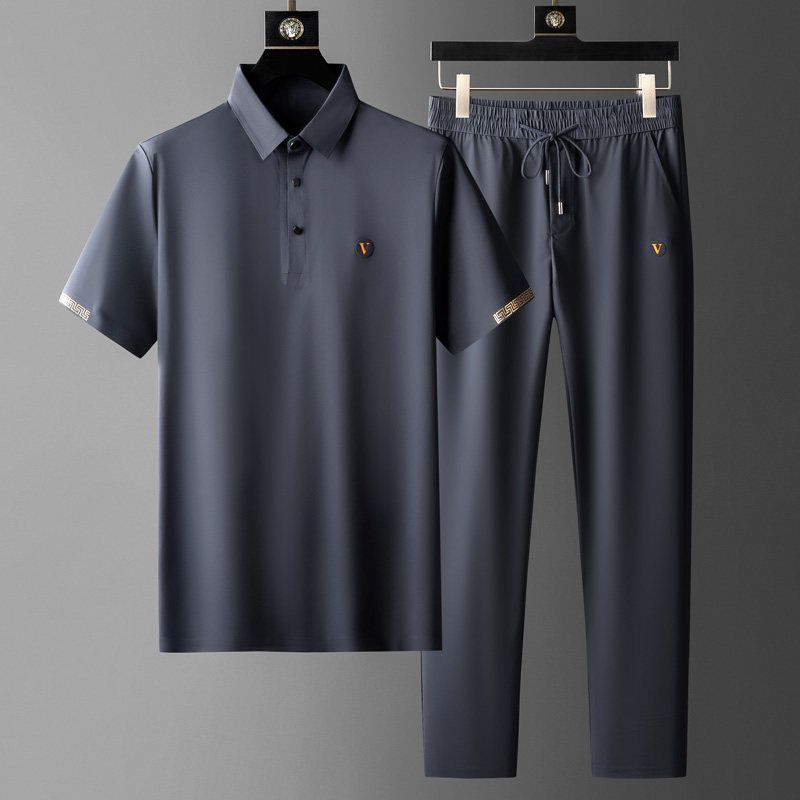 Men’s Two-Piece Set with Short Sleeve Polo Shirt and Drawstring Pants