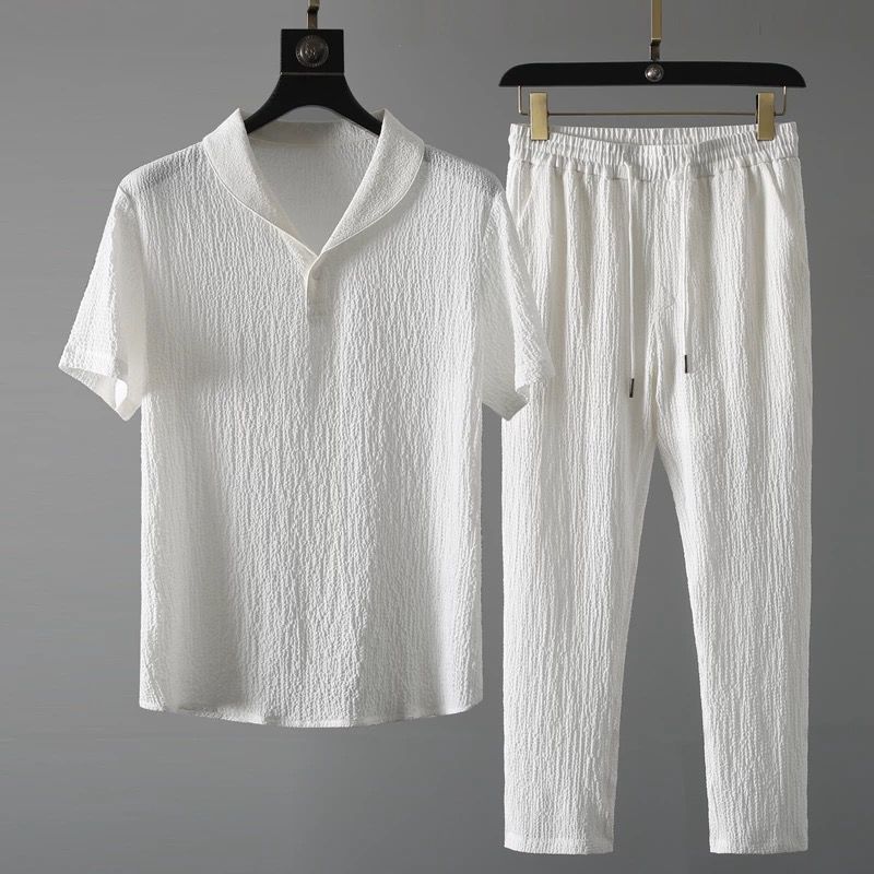 Men’s Summer Two-Piece Relaxed Set – Short Sleeve Top and Drawstring Trousers