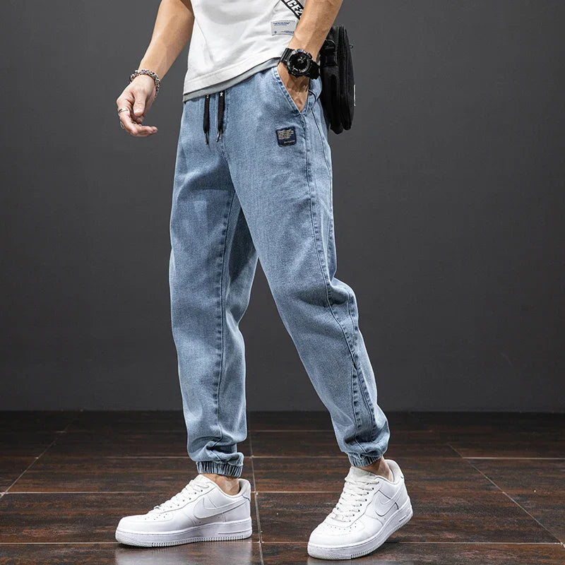 Men’s Denim Jogger Pants with Elastic Waistband and Cuffed Hem