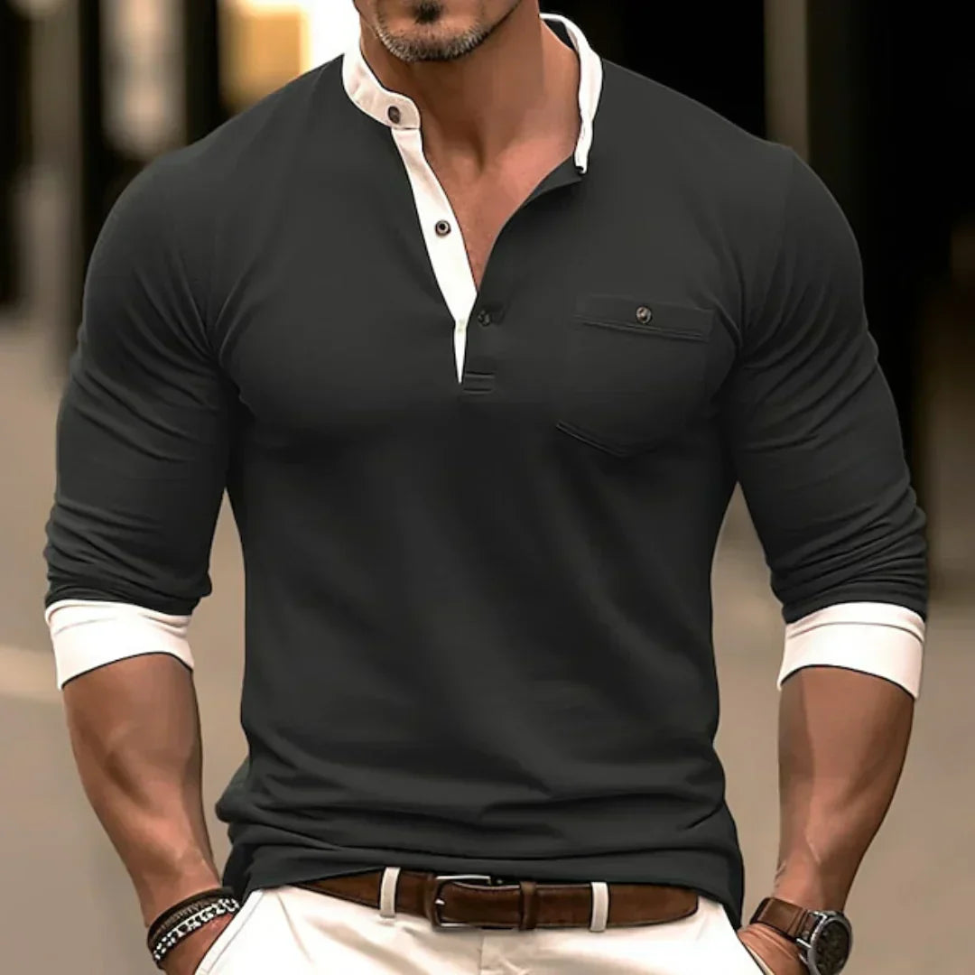 Men's Long Sleeve Contrast Collar Henley Polo Shirt