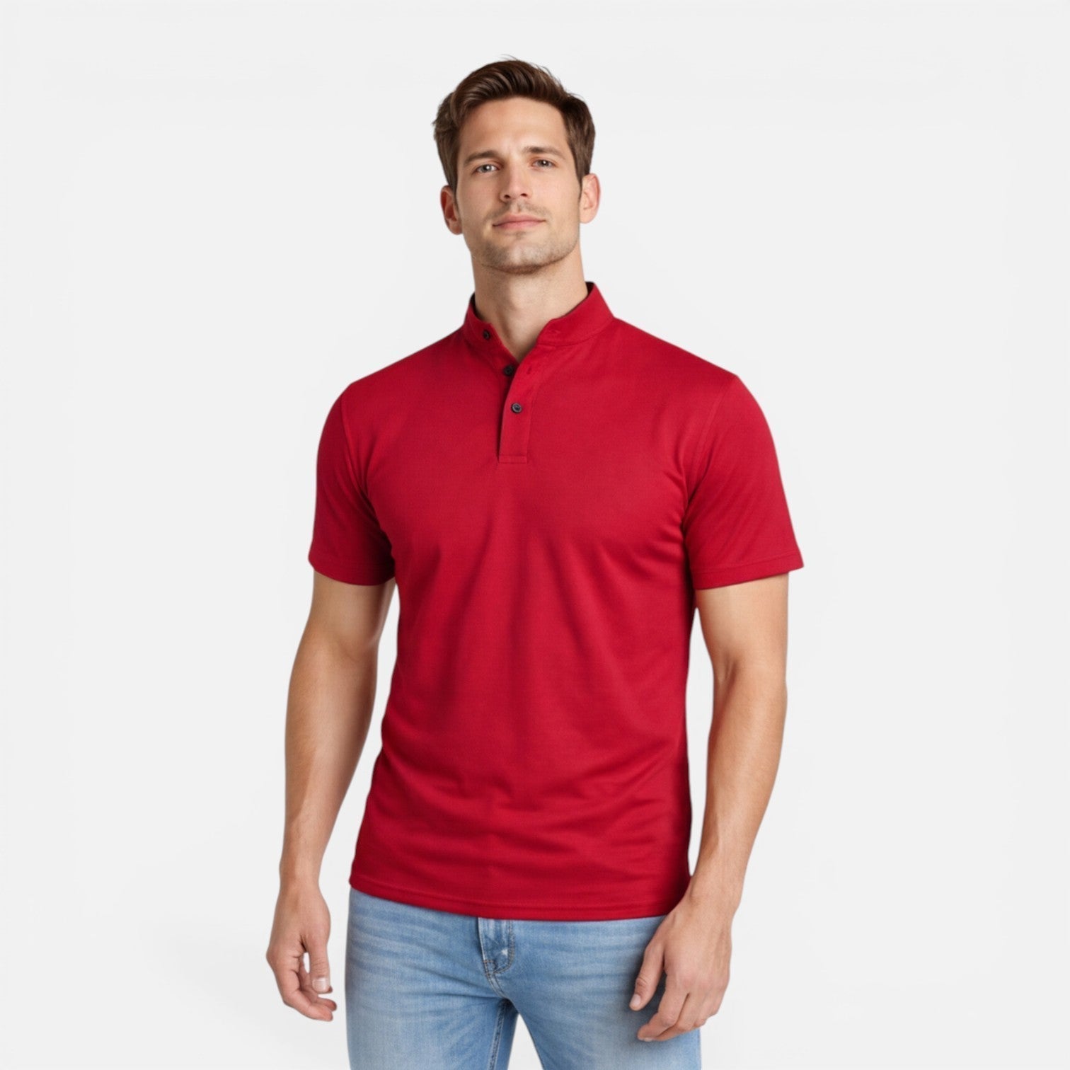 Men's Short Sleeve Henley T-Shirt - Band Collar with Contrast Trim