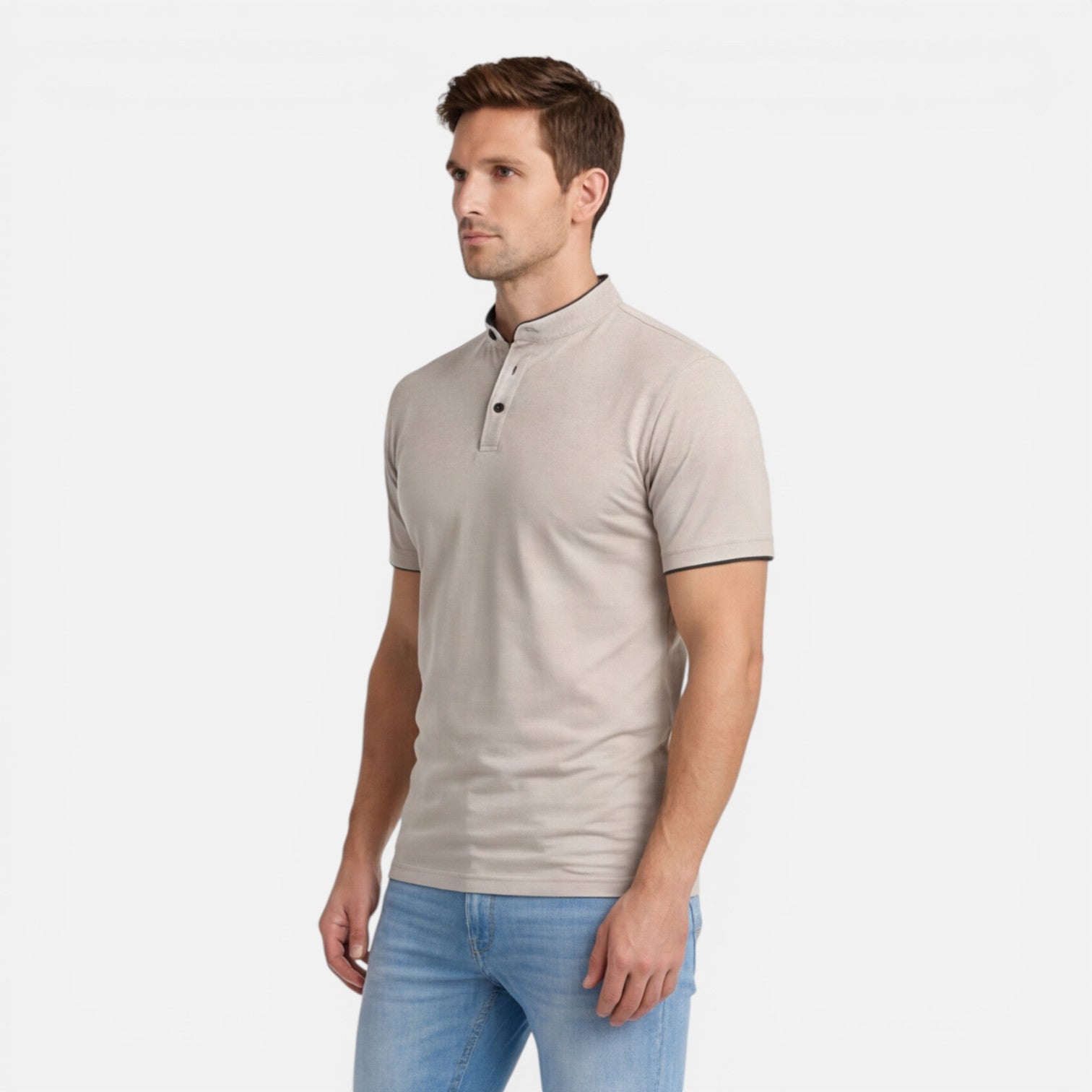 Men's Short Sleeve Henley T-Shirt - Band Collar with Contrast Trim