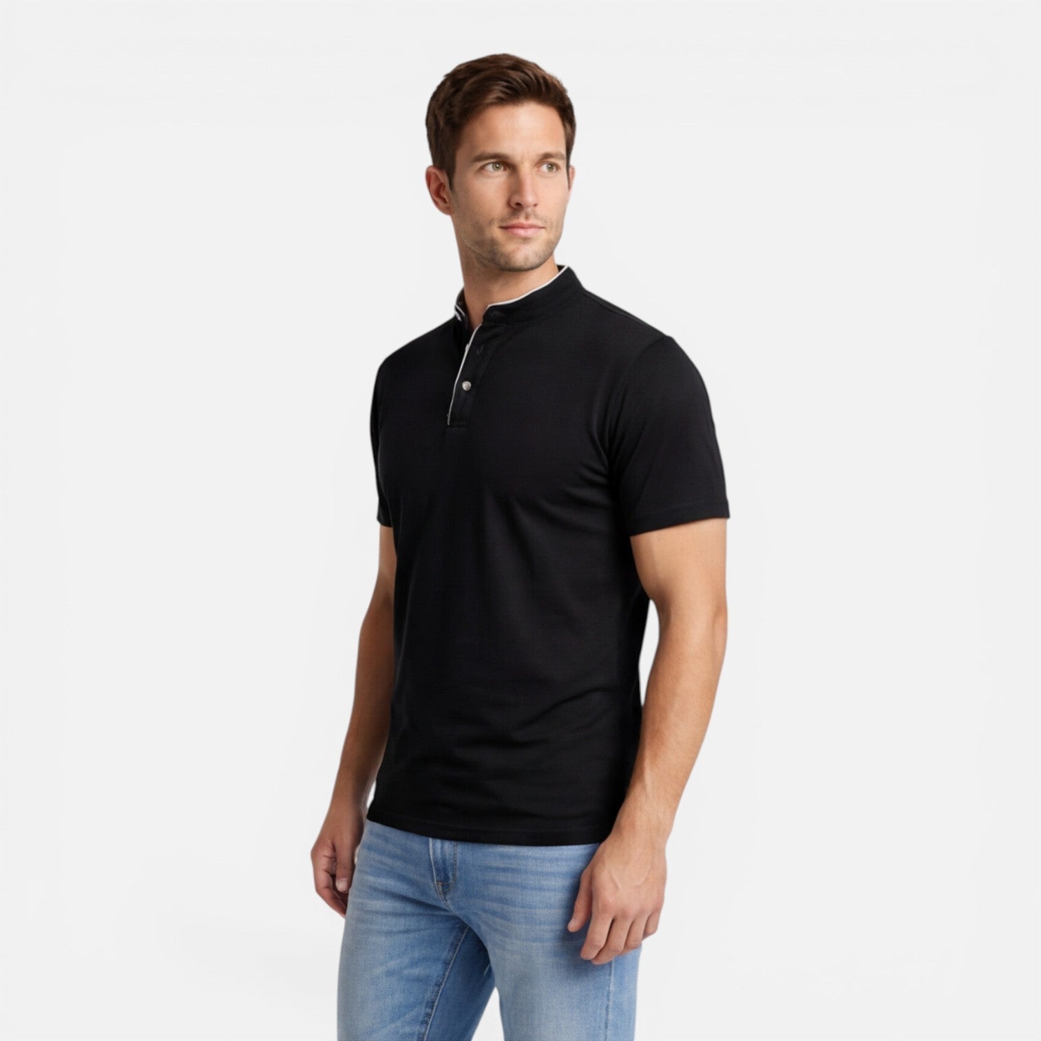 Men's Short Sleeve Henley T-Shirt - Band Collar with Contrast Trim