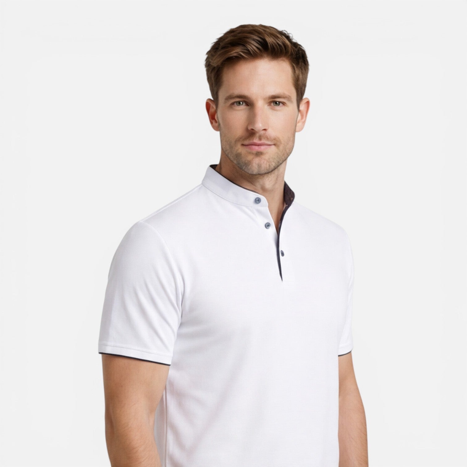 Men's Short Sleeve Henley T-Shirt - Band Collar with Contrast Trim