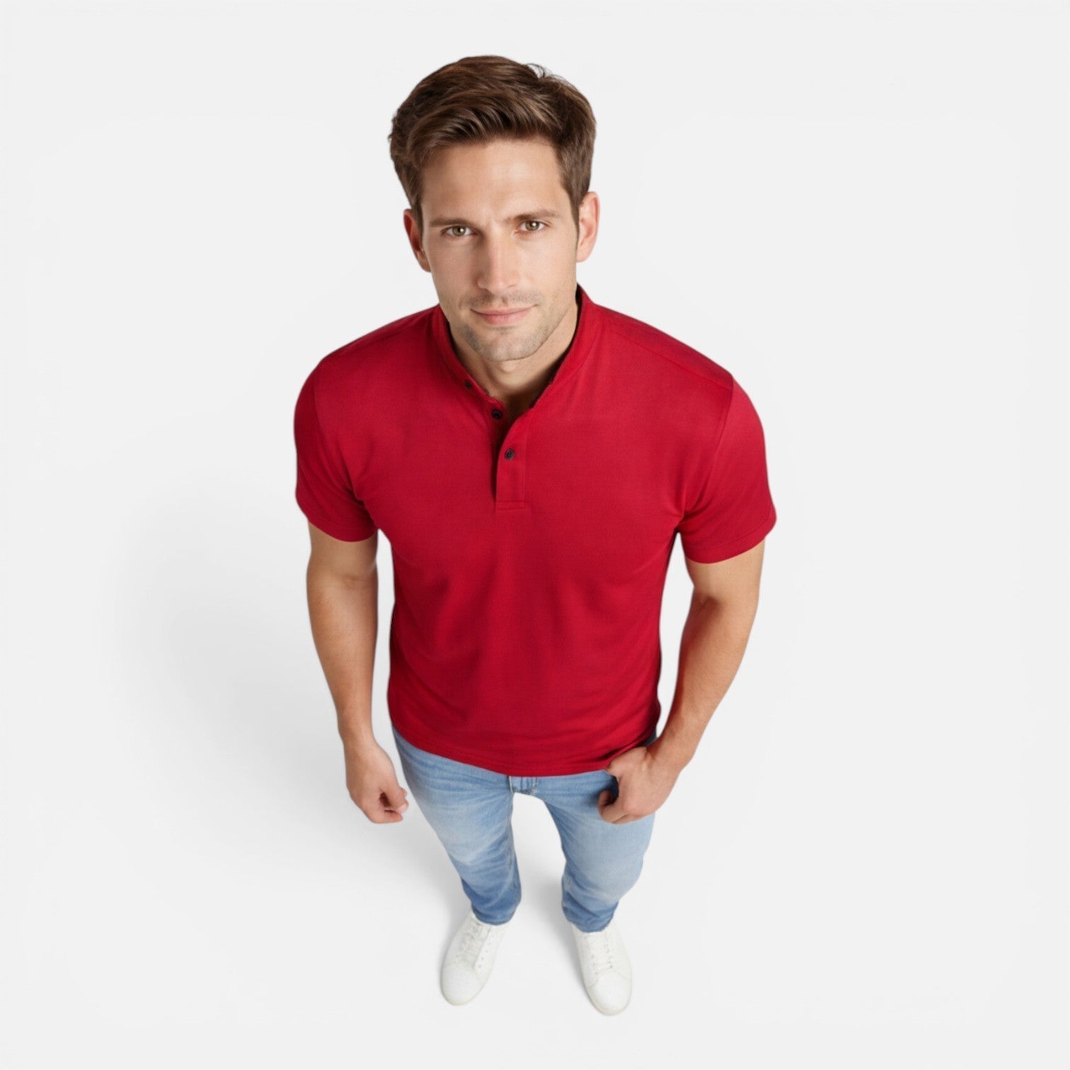 Men's Short Sleeve Henley T-Shirt - Band Collar with Contrast Trim