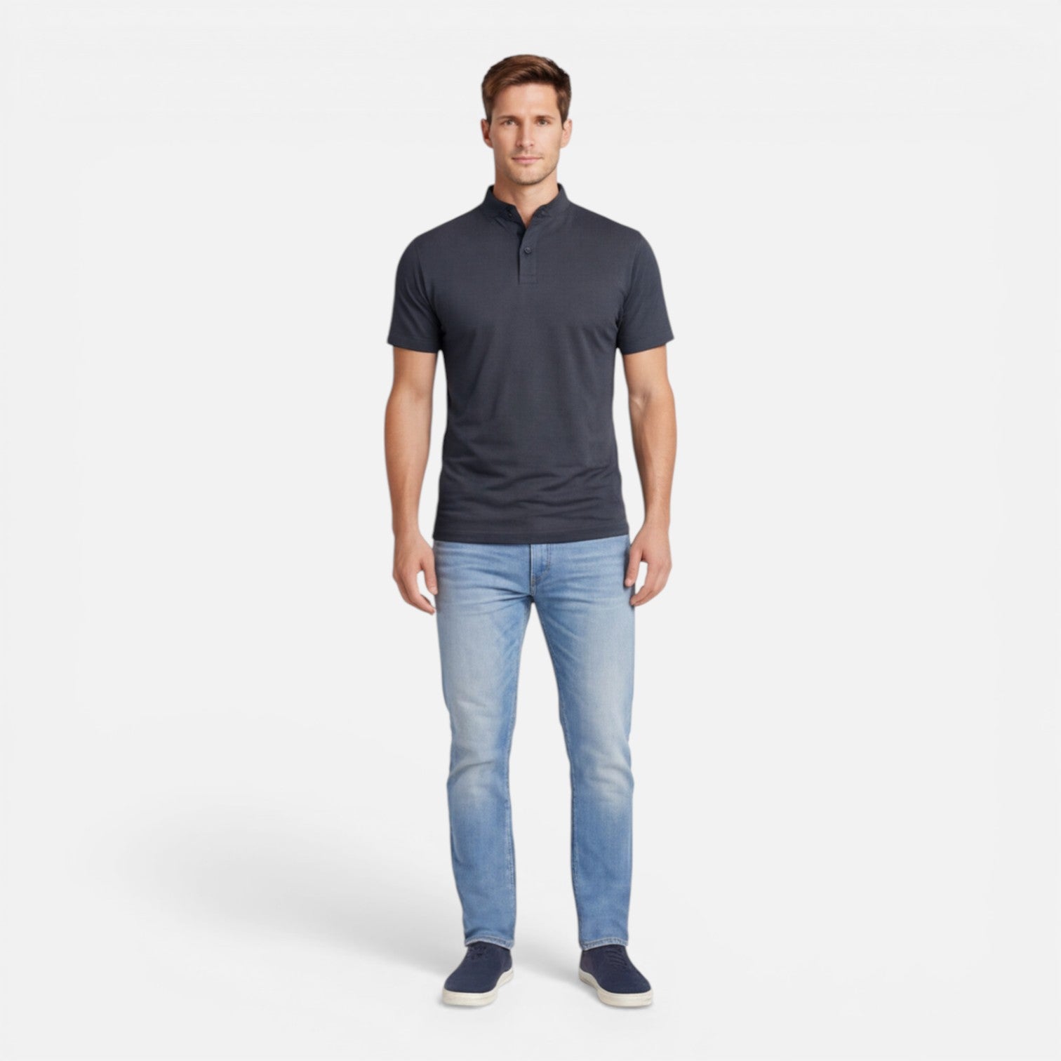 Men's Short Sleeve Henley T-Shirt - Band Collar with Contrast Trim