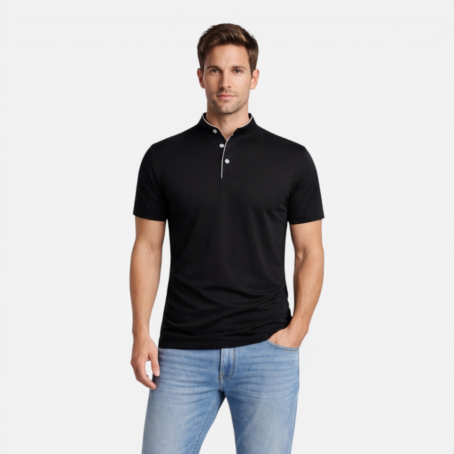 Men's Short Sleeve Henley T-Shirt - Band Collar with Contrast Trim