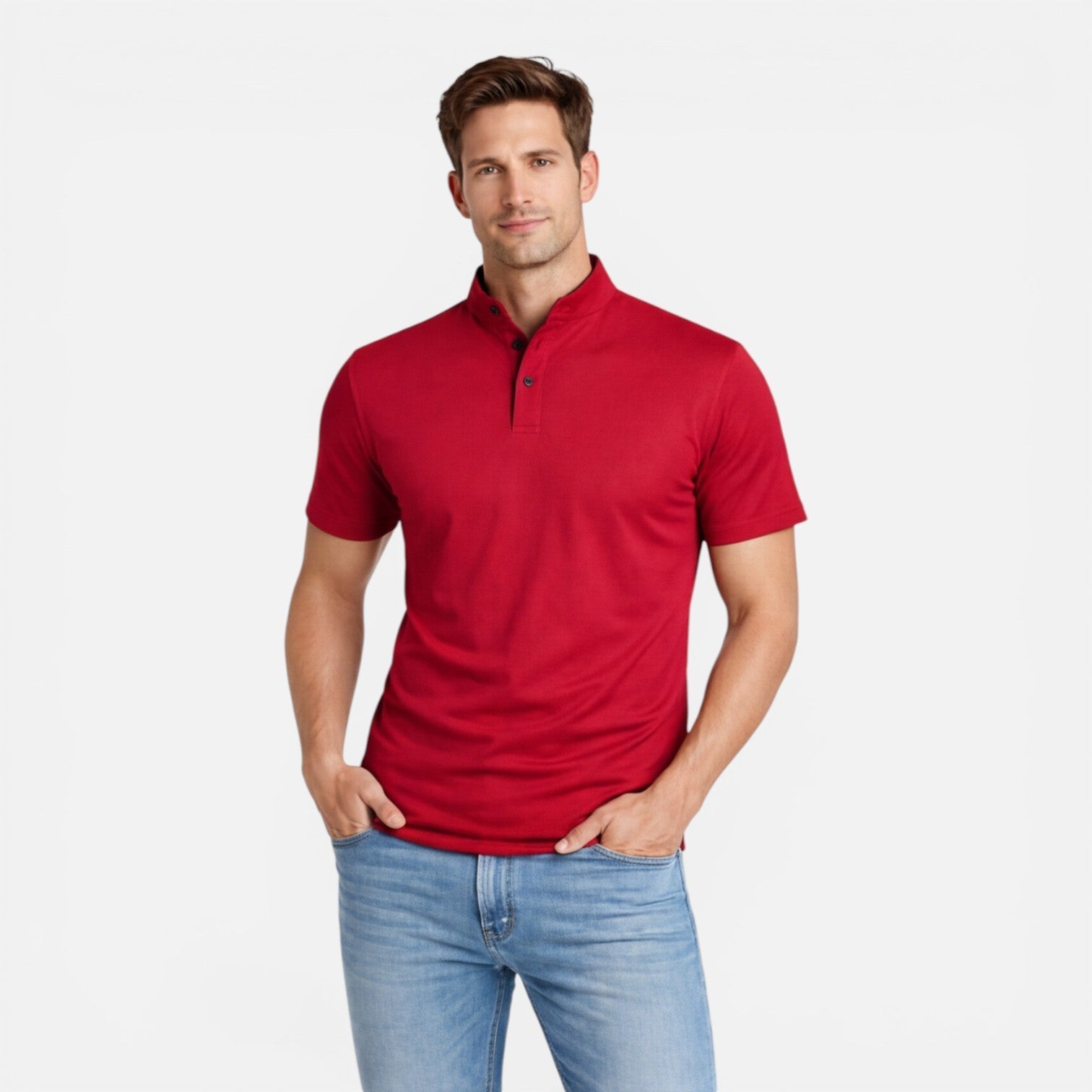 Men's Short Sleeve Henley T-Shirt - Band Collar with Contrast Trim