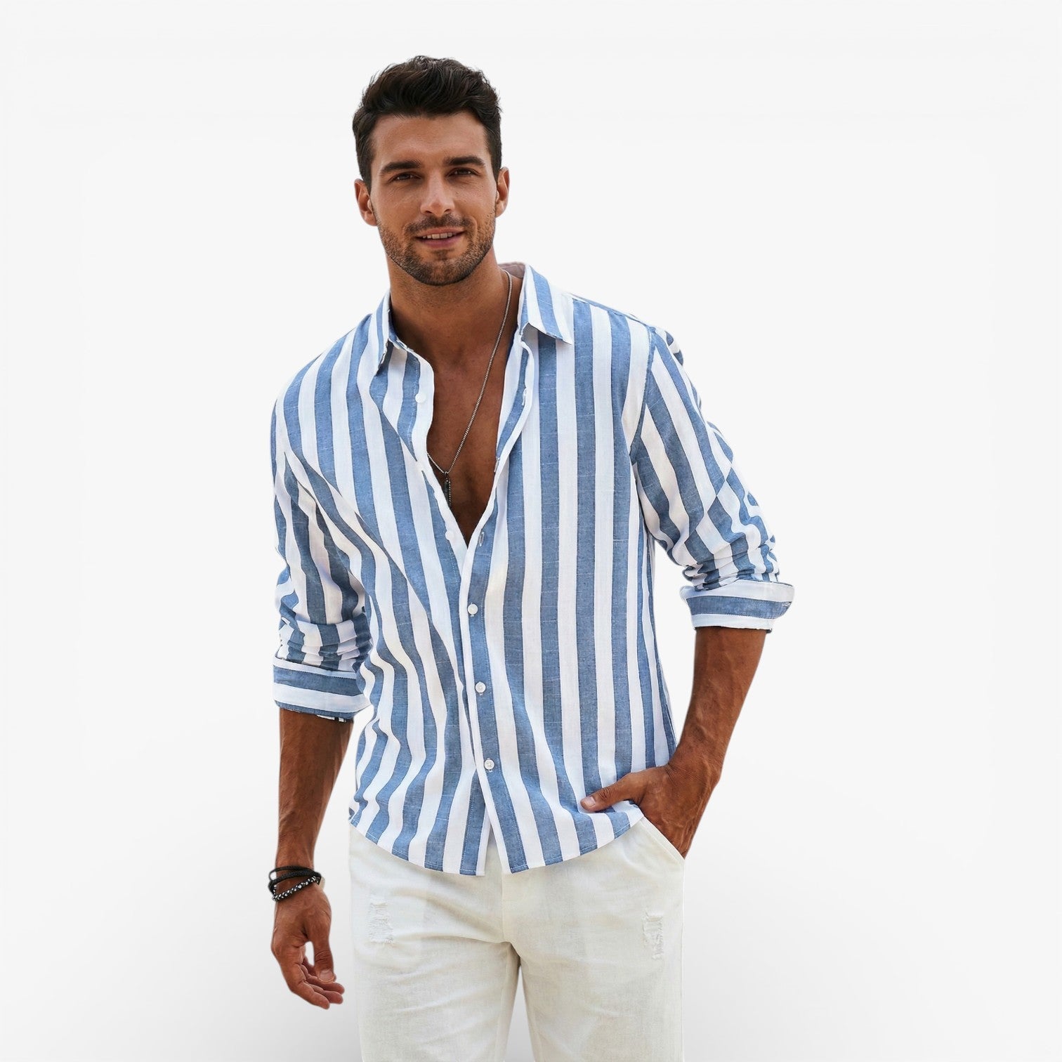 Men's Striped Linen Cotton Long Sleeve Button Down Shirt