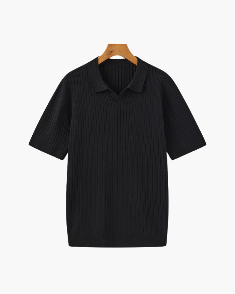 Men’s Ribbed Short Sleeve Polo Shirt with Open Collar