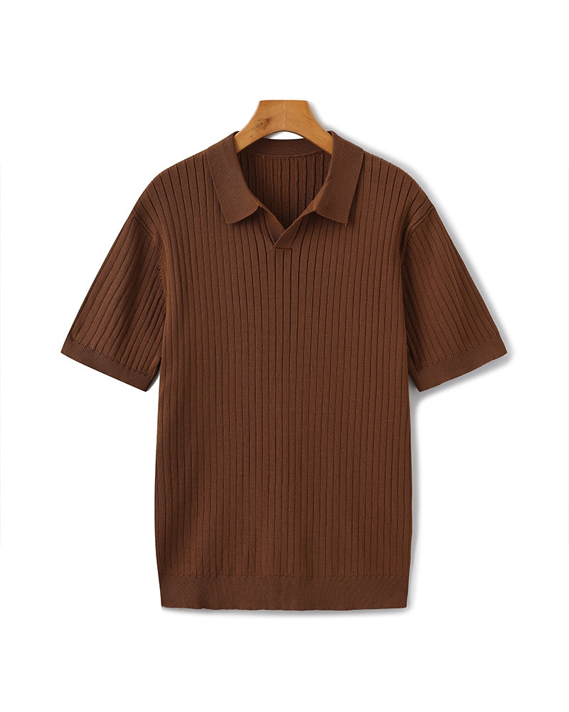 Men’s Ribbed Short Sleeve Polo Shirt with Open Collar