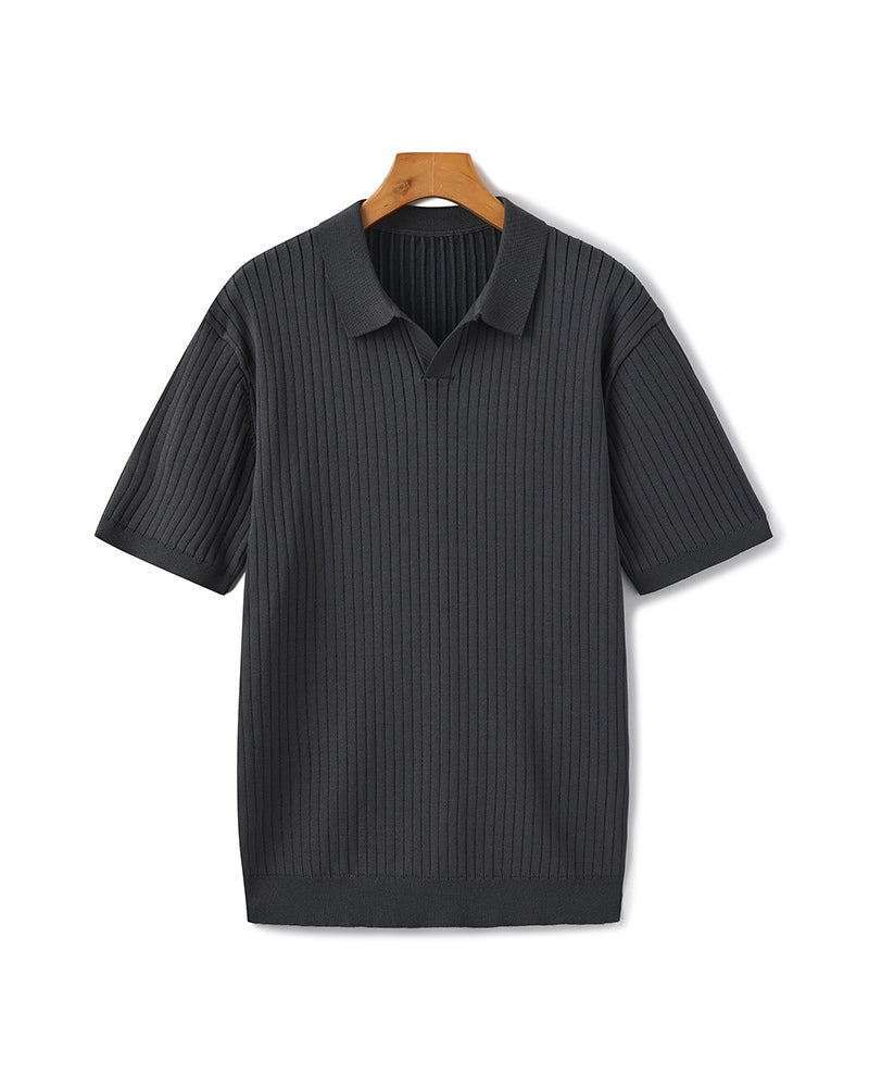 Men’s Ribbed Short Sleeve Polo Shirt with Open Collar