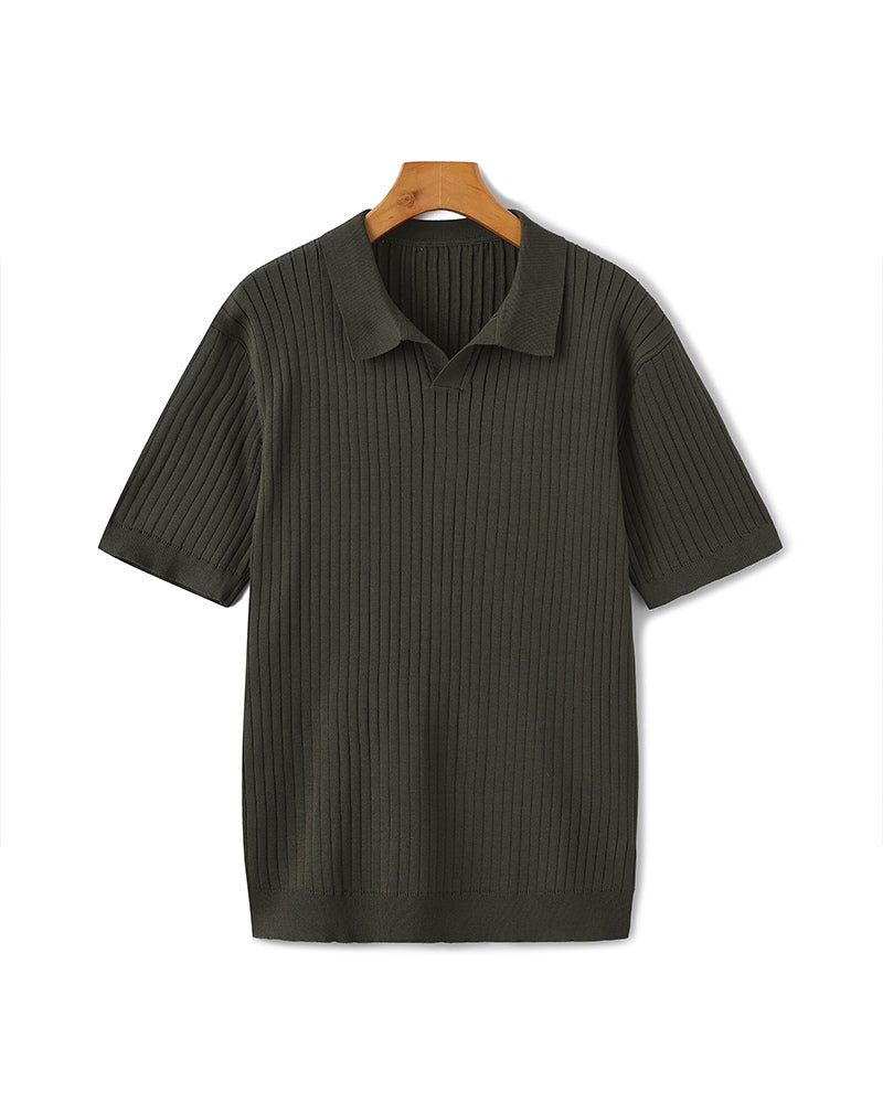 Men’s Ribbed Short Sleeve Polo Shirt with Open Collar