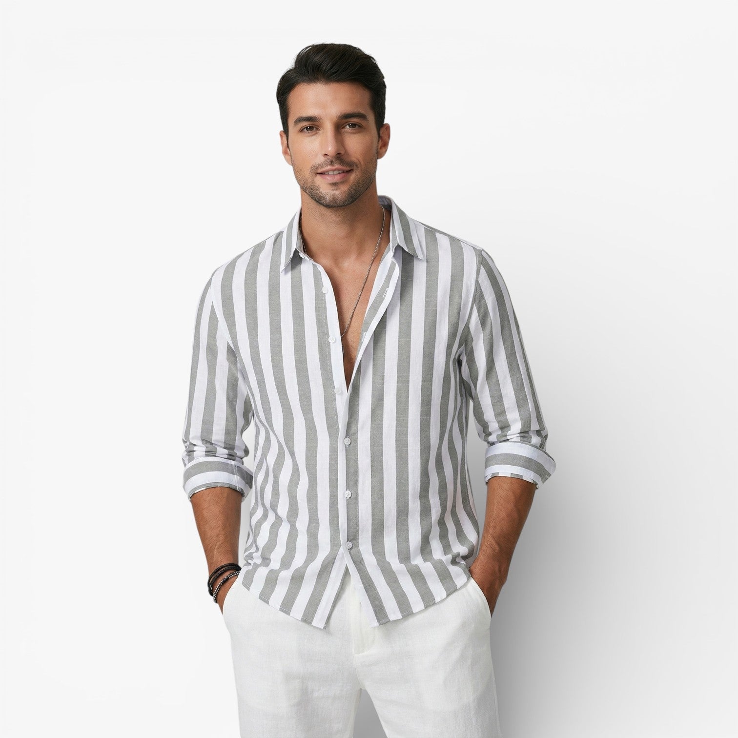 Men's Striped Linen Cotton Long Sleeve Button Down Shirt