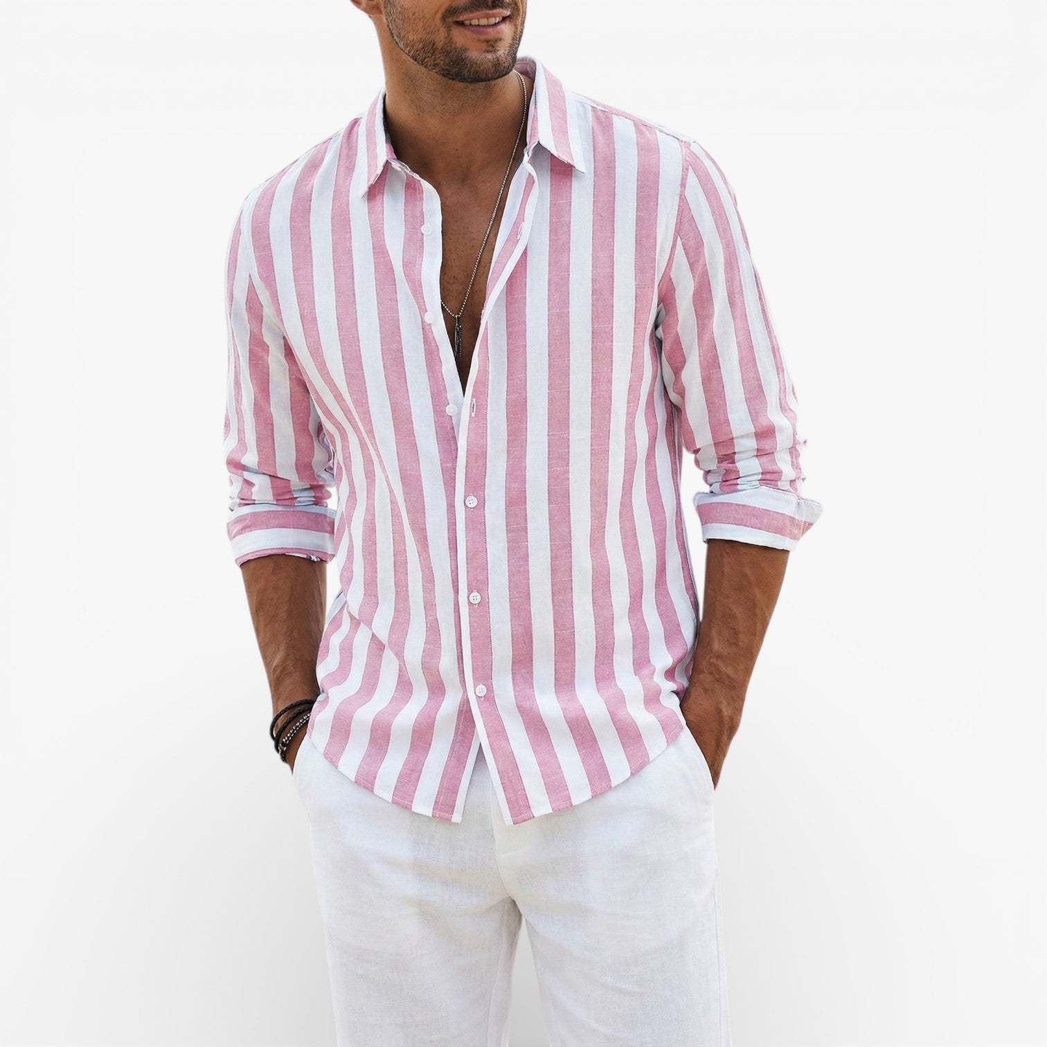 Men's Striped Linen Cotton Long Sleeve Button Down Shirt
