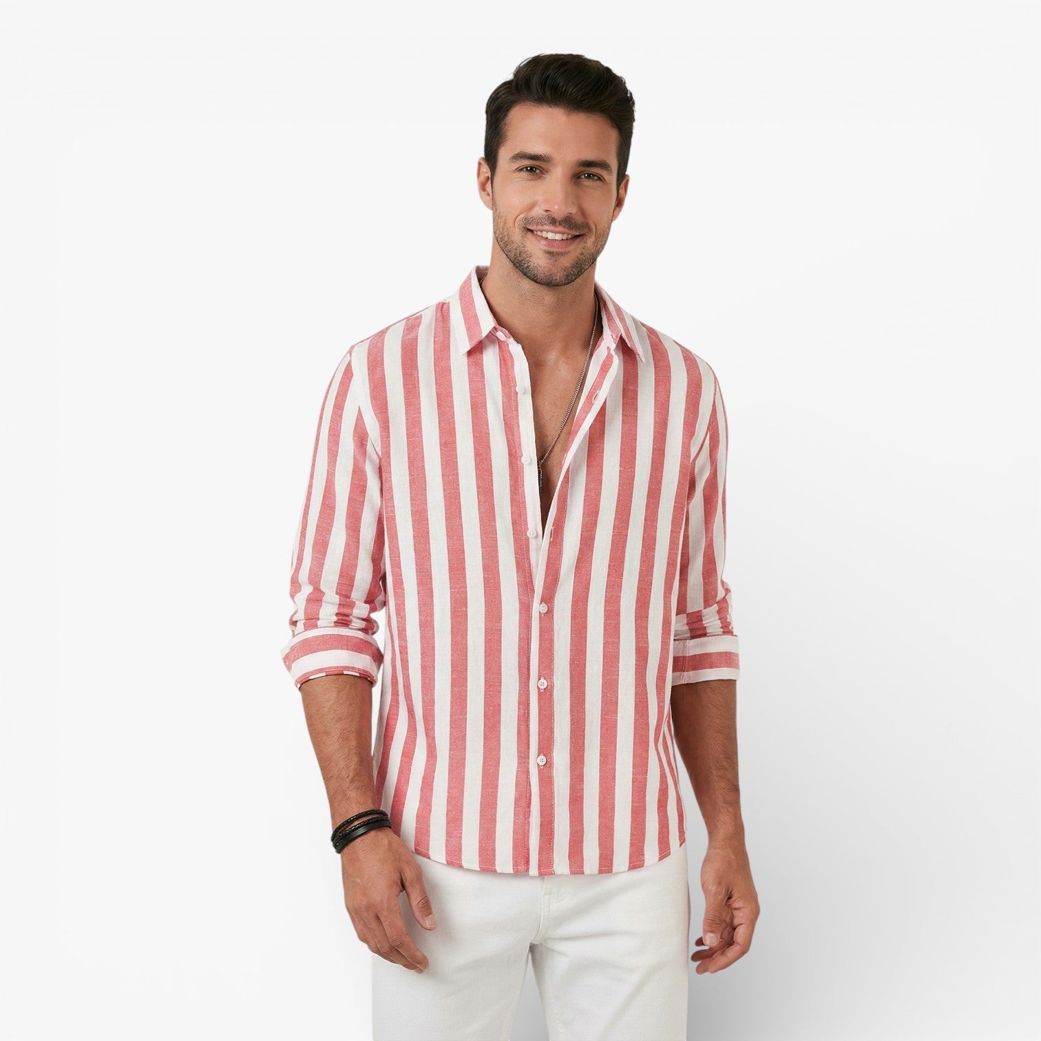 Men's Striped Linen Cotton Long Sleeve Button Down Shirt