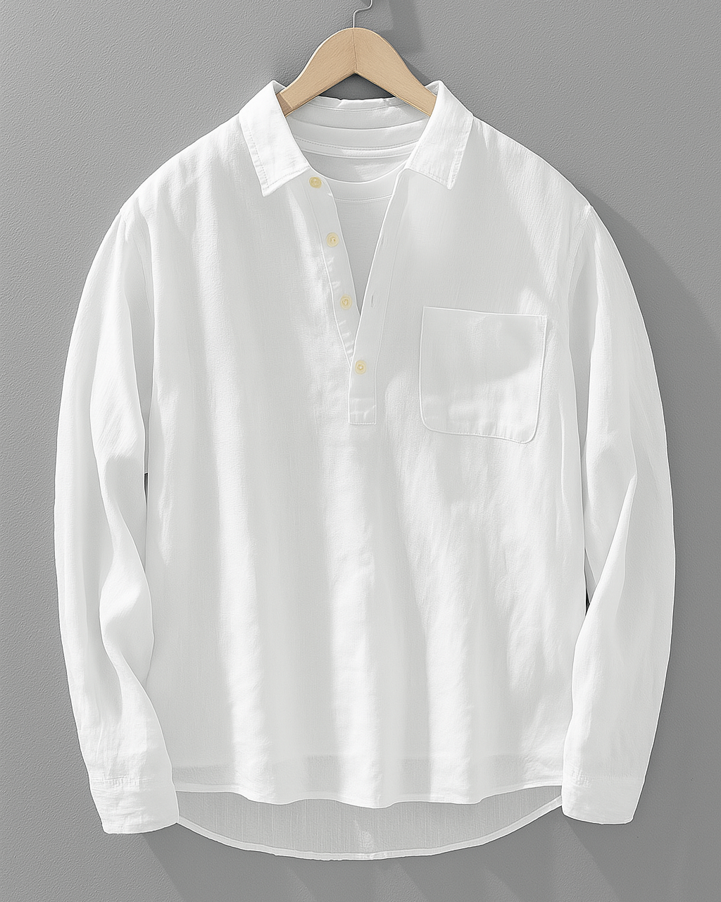 Men’s Long Sleeve Popover Shirt with Button Placket and Chest Pocket