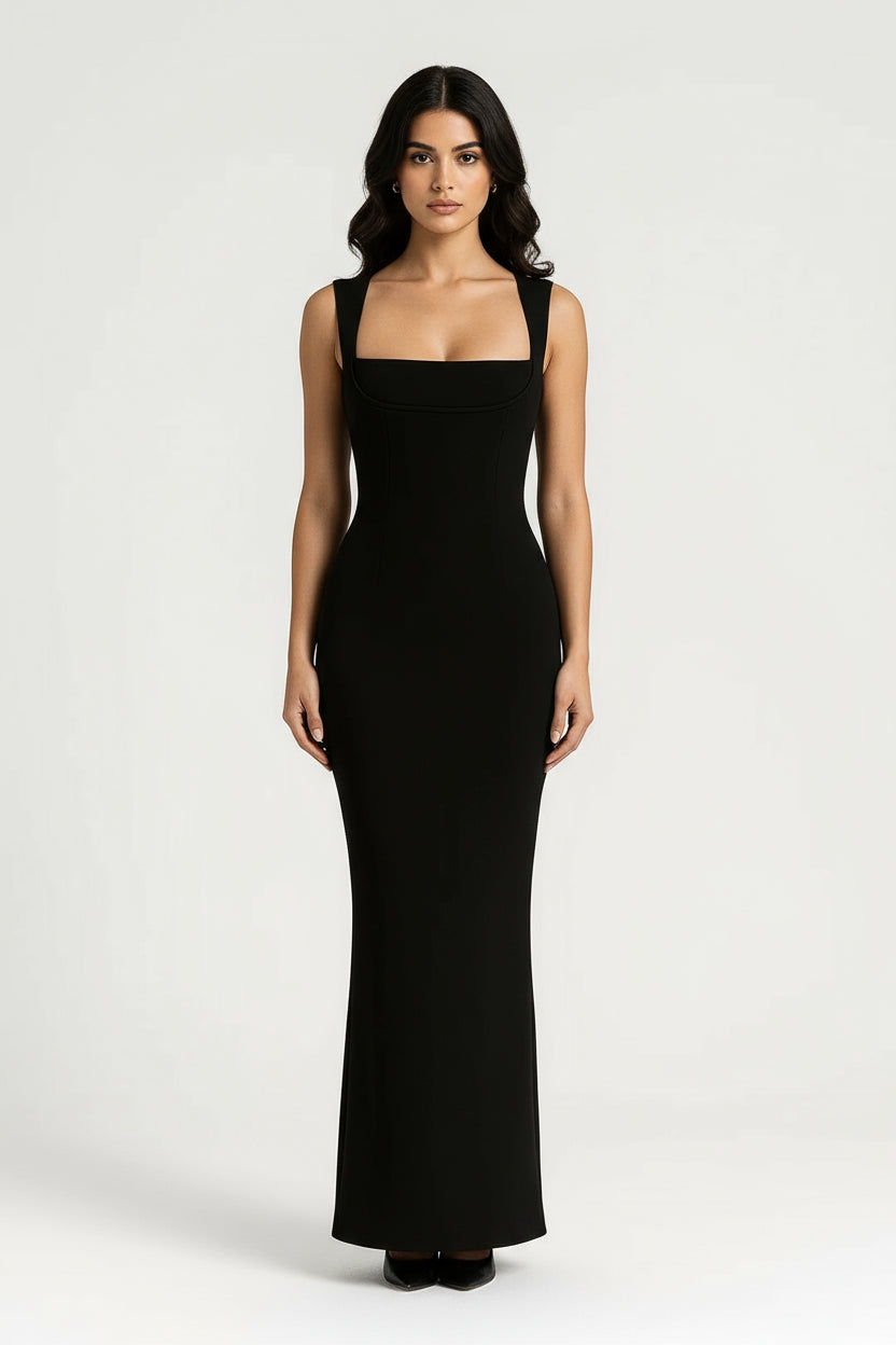 Women’s Long Bodycon Maxi Dress – Square Neckline and Figure-Hugging Silhouette