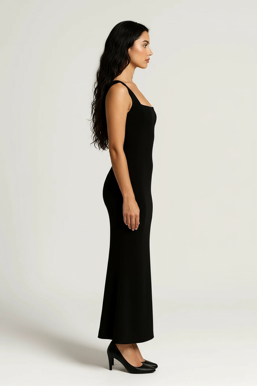 Women’s Long Bodycon Maxi Dress – Square Neckline and Figure-Hugging Silhouette