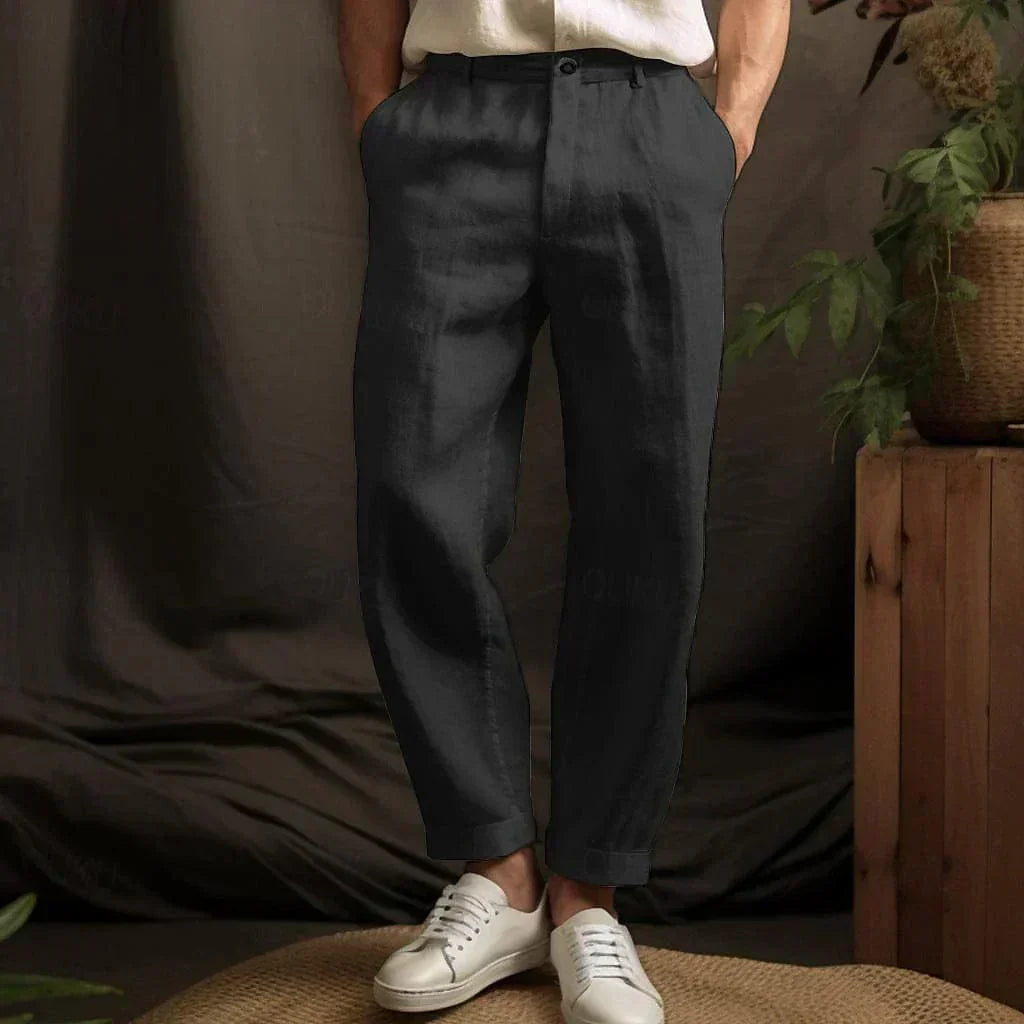 Men's Linen Tapered Pants - Button Closure - Cuffed Hem