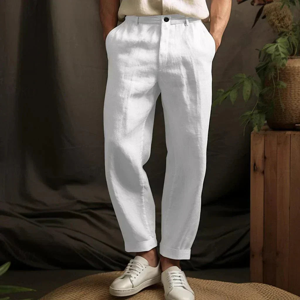 Men's Linen Tapered Pants - Button Closure - Cuffed Hem