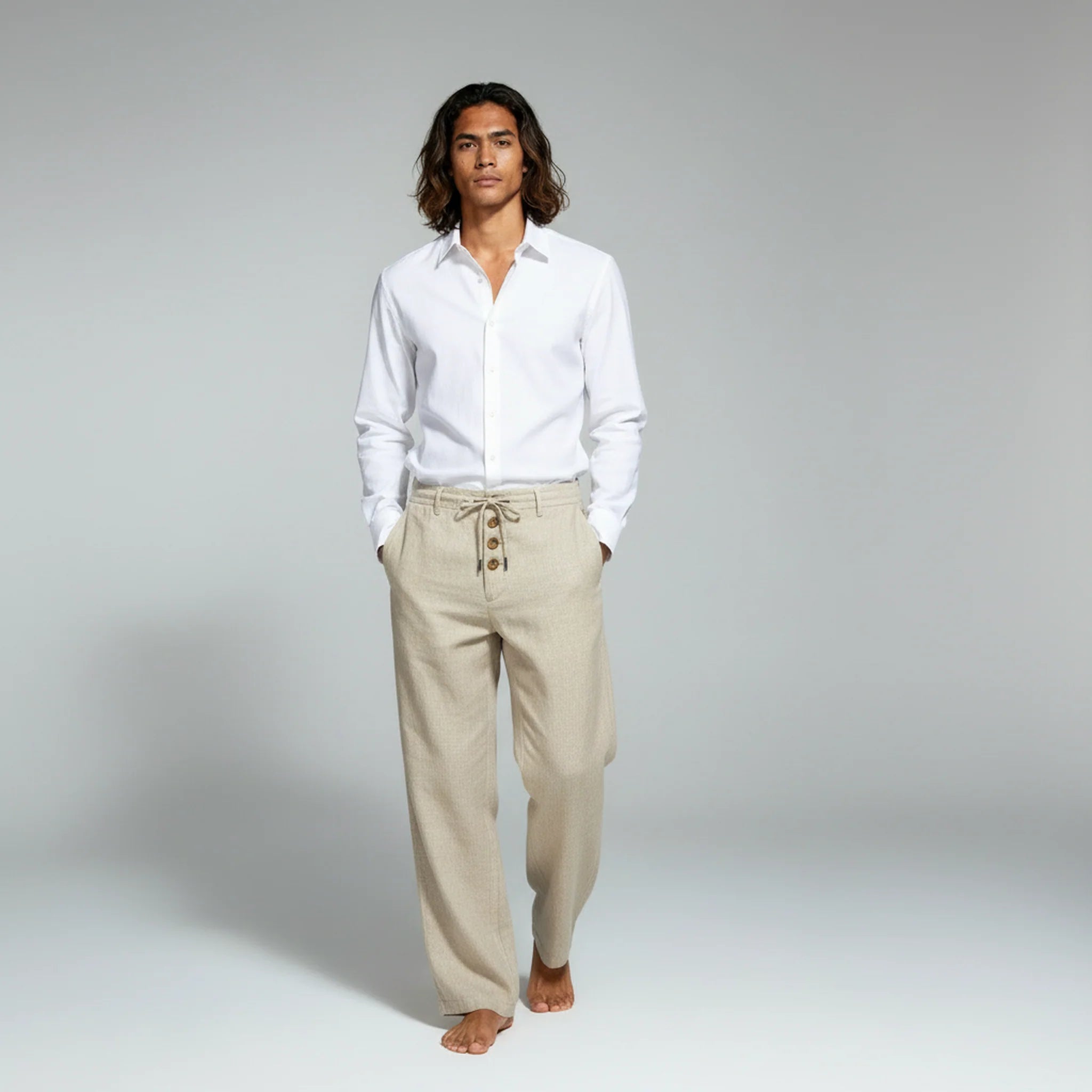 Men’s Straight-Leg Linen Pants with Elastic Waistband, Drawstring, and Button Detail