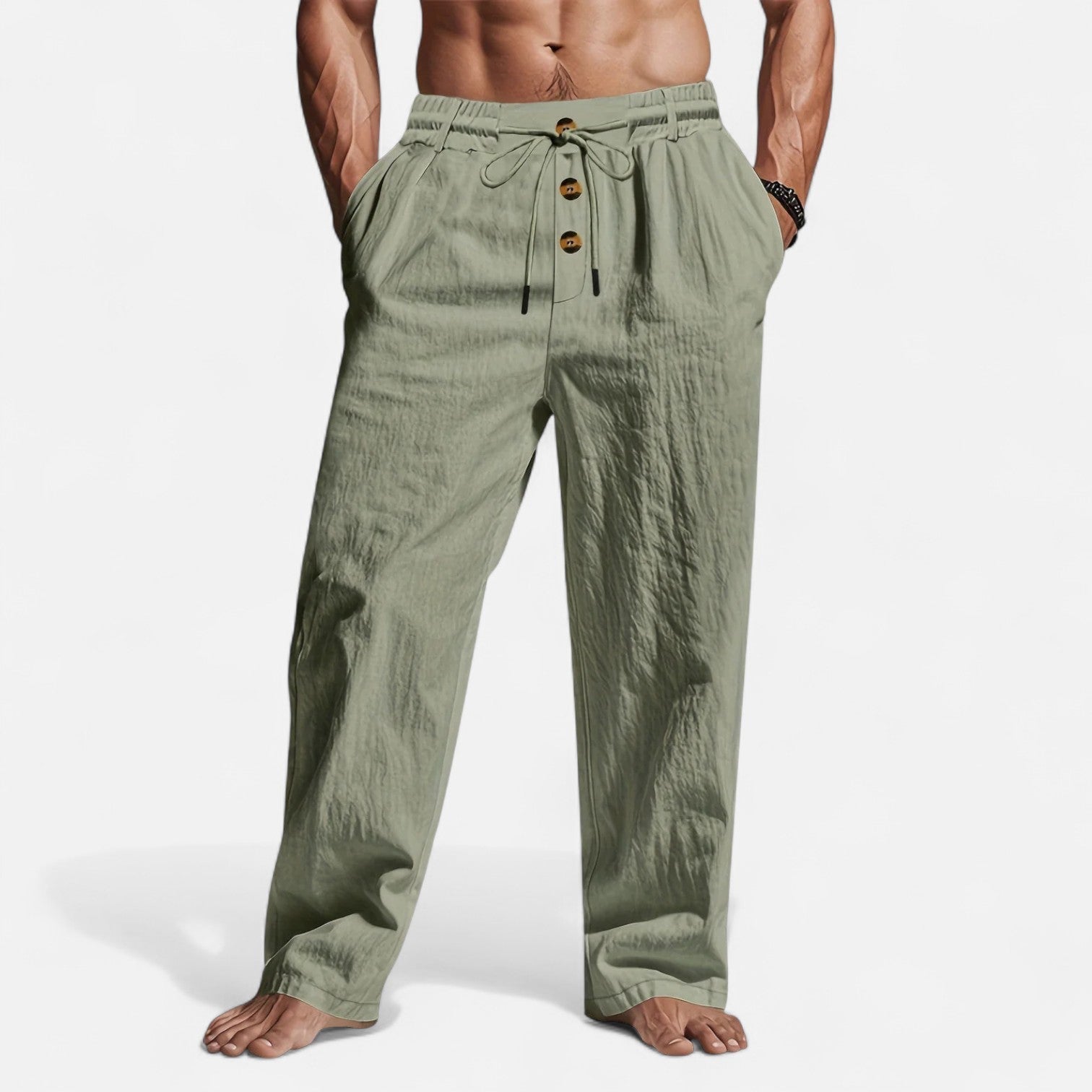Men’s Straight-Leg Linen Pants with Elastic Waistband, Drawstring, and Button Detail