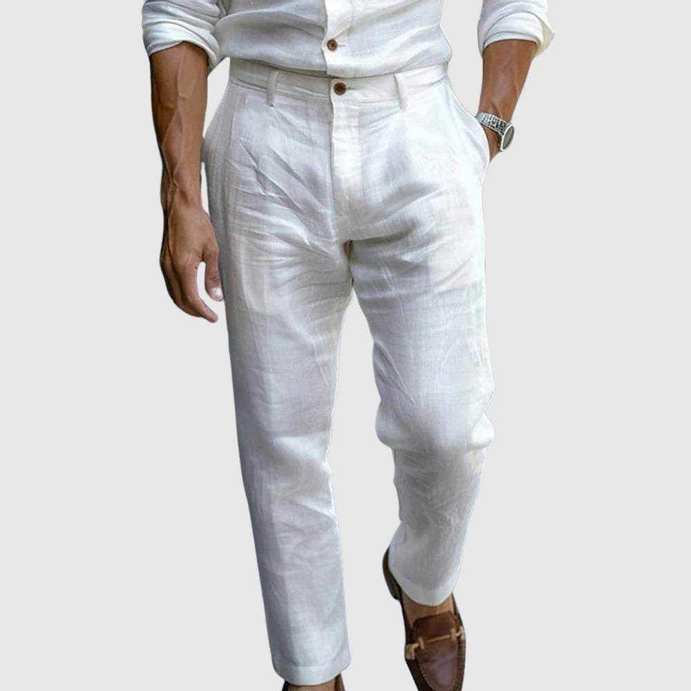Pantalons droits en mélange de lin à longueur cheville pour hommes