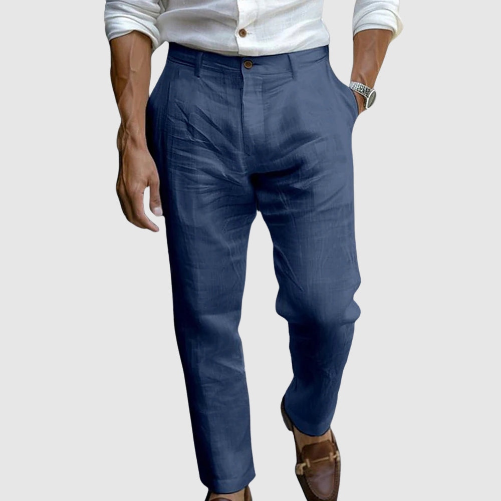 Pantalons droits en mélange de lin à longueur cheville pour hommes
