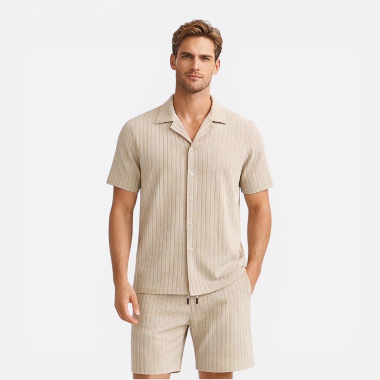 Men's Pinstripe Short Sleeve Shirt - Elastic Waist Shorts Set