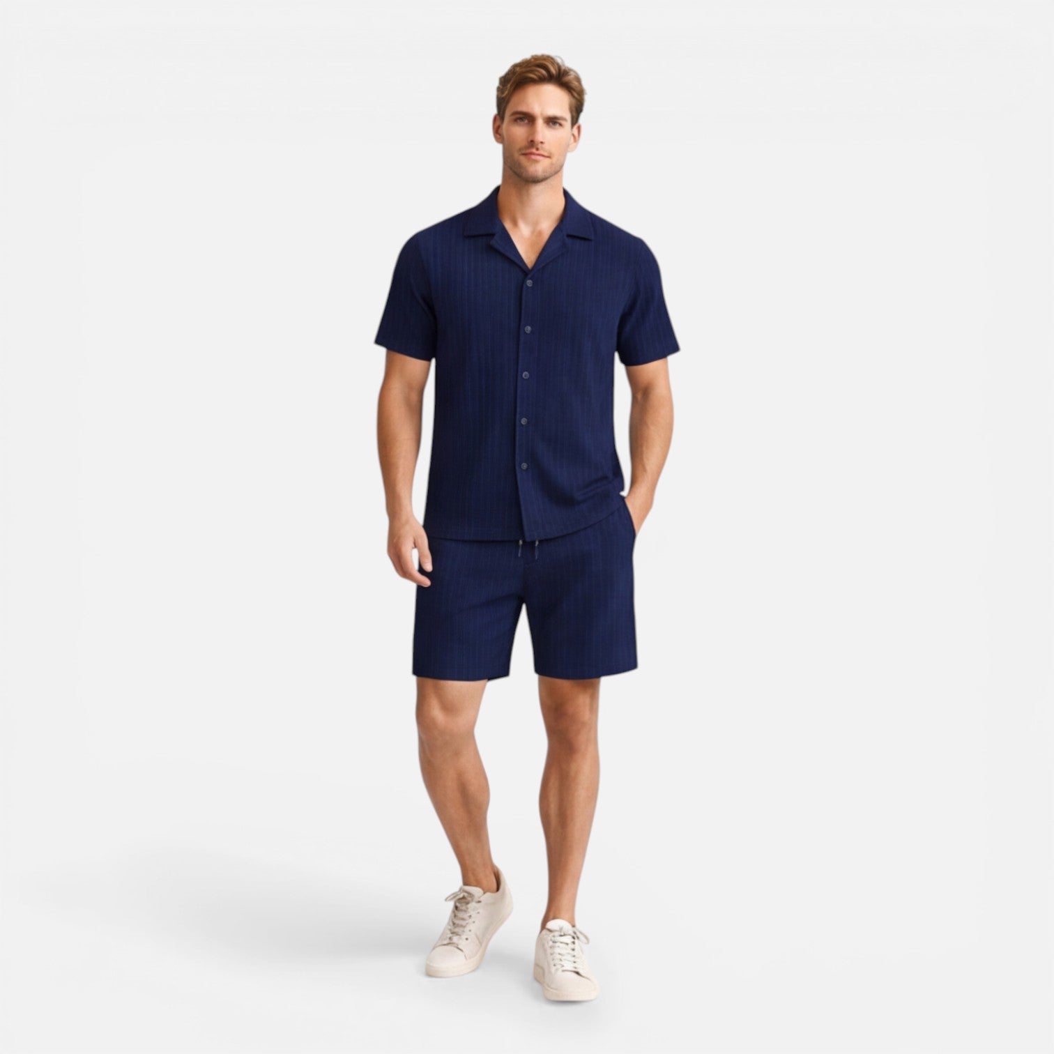 Men's Pinstripe Short Sleeve Shirt - Elastic Waist Shorts Set