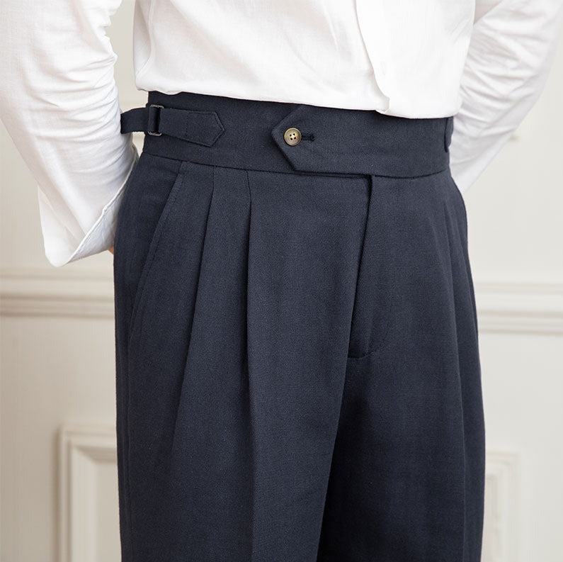 Men's High Waisted Pleated Pants with Side Adjuster - Italian Style
