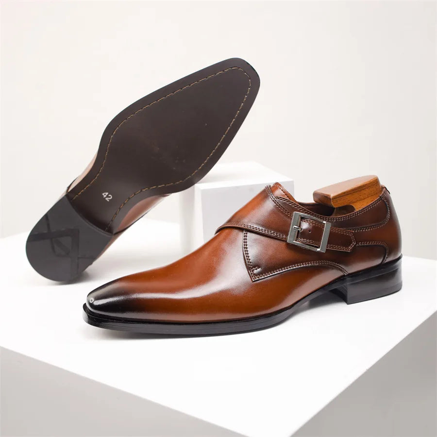Men’s Single Monk Strap Dress Shoes with Buckle Closure and Rounded Toe