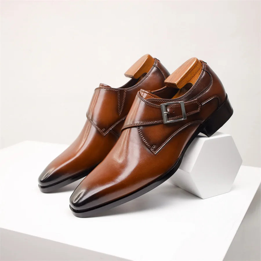 Men’s Single Monk Strap Dress Shoes with Buckle Closure and Rounded Toe
