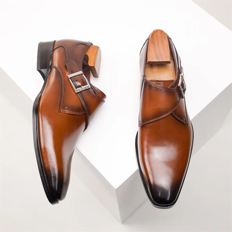 Men’s Single Monk Strap Dress Shoes with Buckle Closure and Rounded Toe