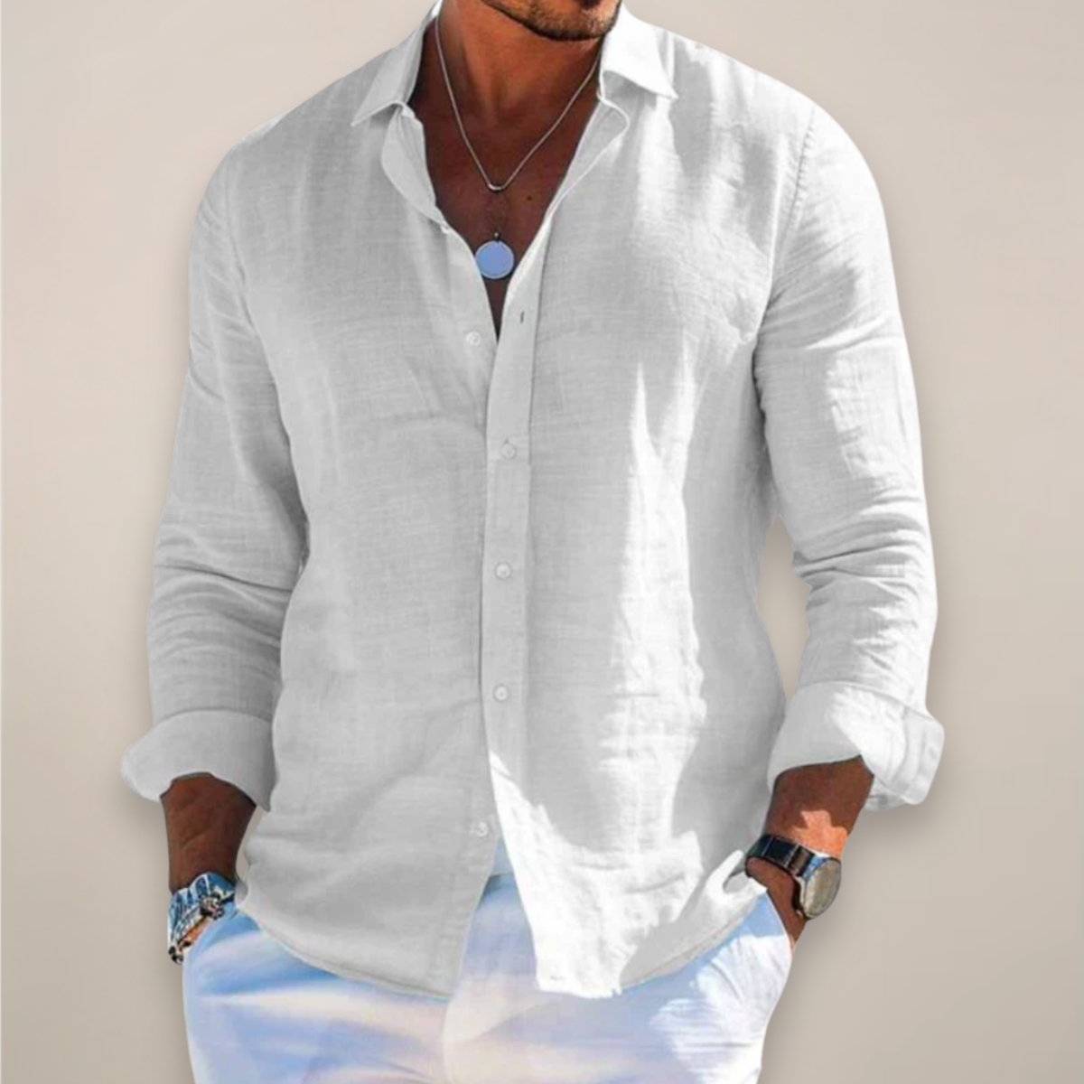 Men’s Linen Long Sleeve Button-Up Shirt with Collared Neck