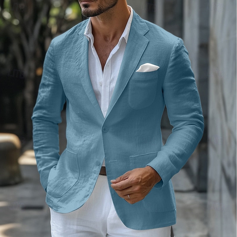 Men’s Tailored Linen Summer Blazer with Notched Lapels and Single-Button Closure