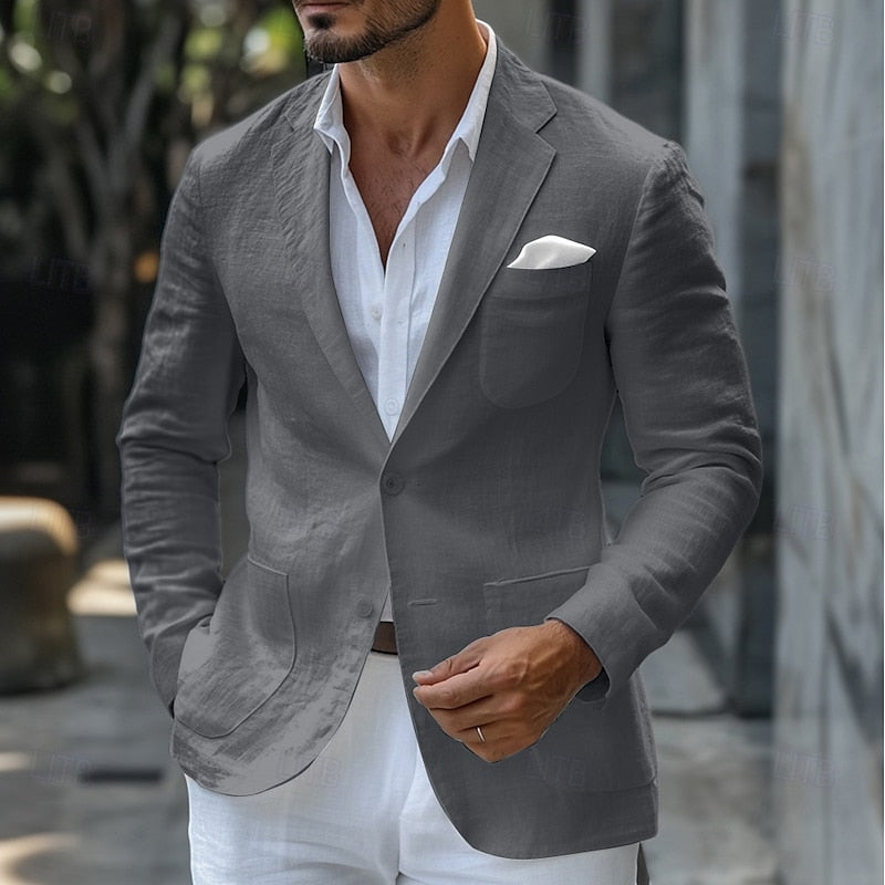 Men’s Tailored Linen Summer Blazer with Notched Lapels and Single-Button Closure