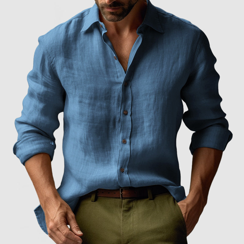Men’s Linen Long Sleeve Button-Up Shirt with Open Collar and Relaxed Structure