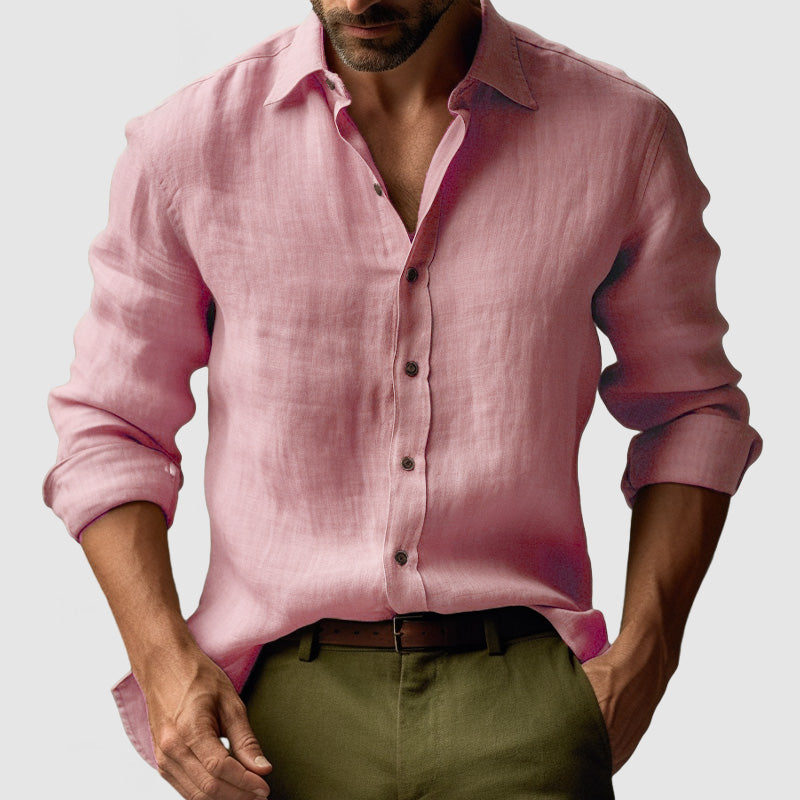 Men’s Linen Long Sleeve Button-Up Shirt with Open Collar and Relaxed Structure